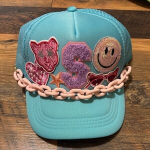 Teal Cap with Pink Chain and Patches